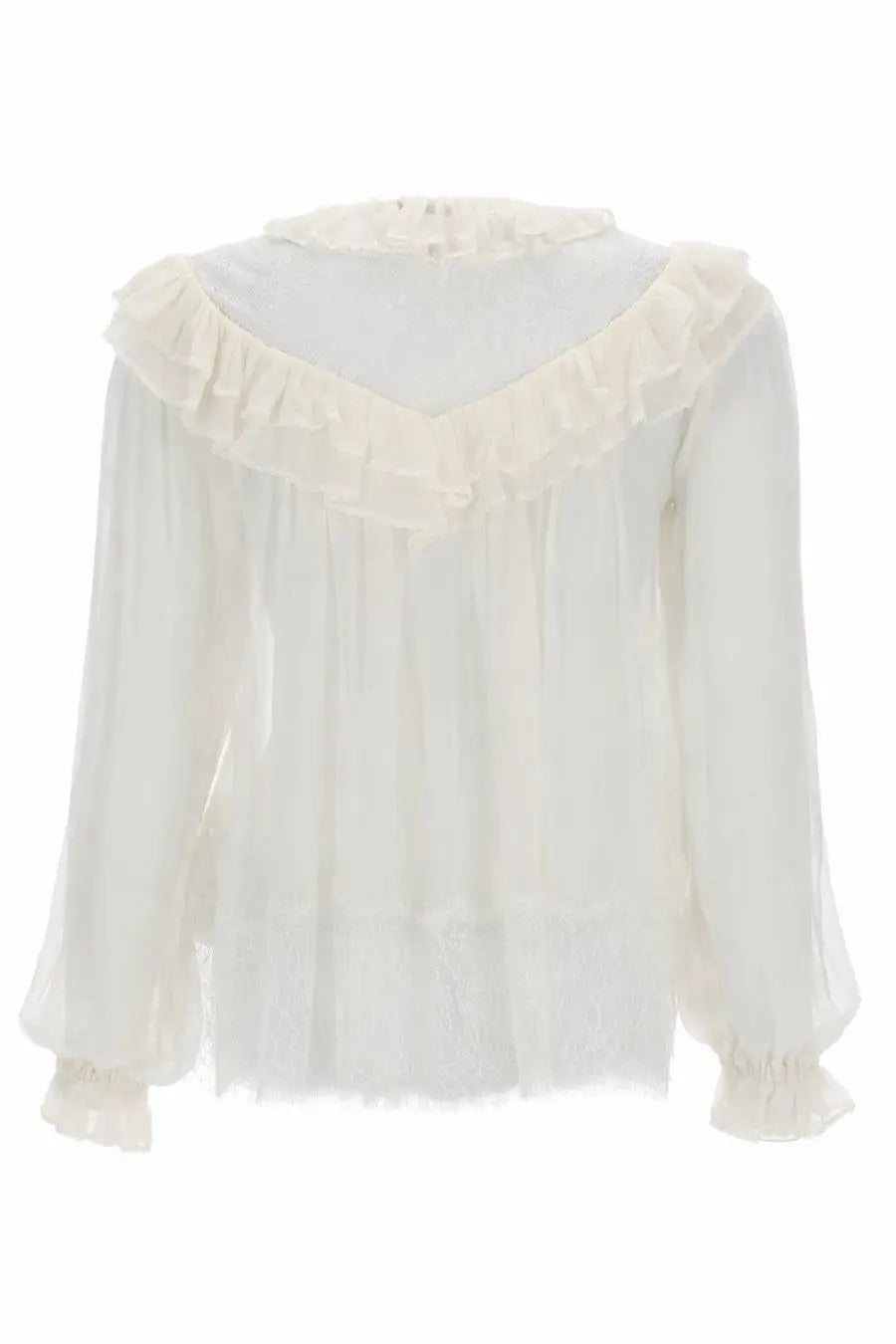 Self-portrait women’s georgette blouse white with delicate ivory sheer fabric and layered ruffled neckline and cuffs