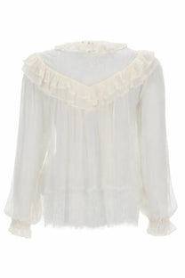 Self-portrait women’s georgette blouse white with delicate ivory sheer fabric and layered ruffled neckline and cuffs
