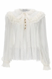 Self-portrait women’s white georgette blouse with ruffled collar lace trim and gold-toned buttons down the front