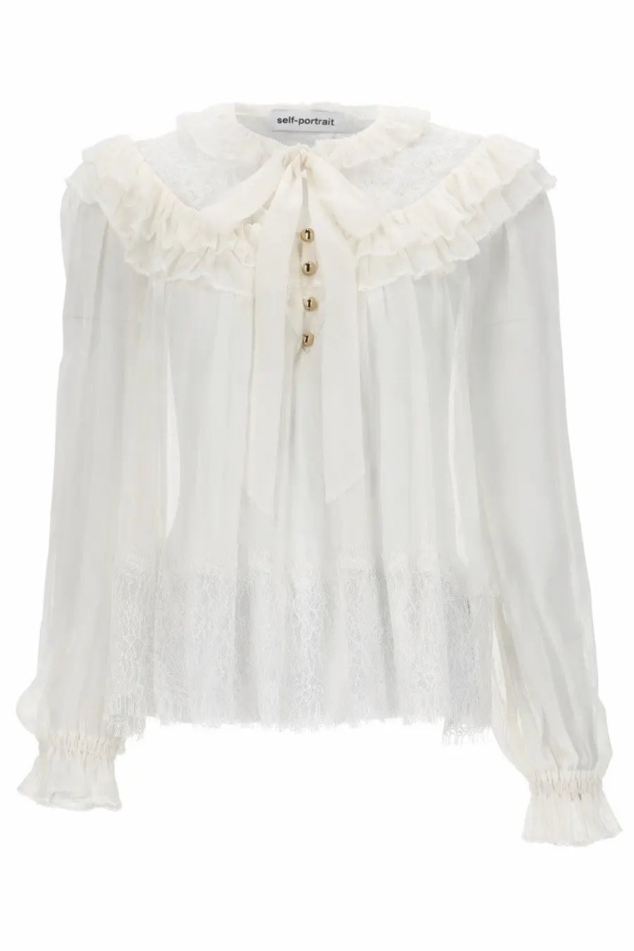 Self-portrait women’s white georgette blouse with ruffled collar lace trim and gold toned buttons down the front
