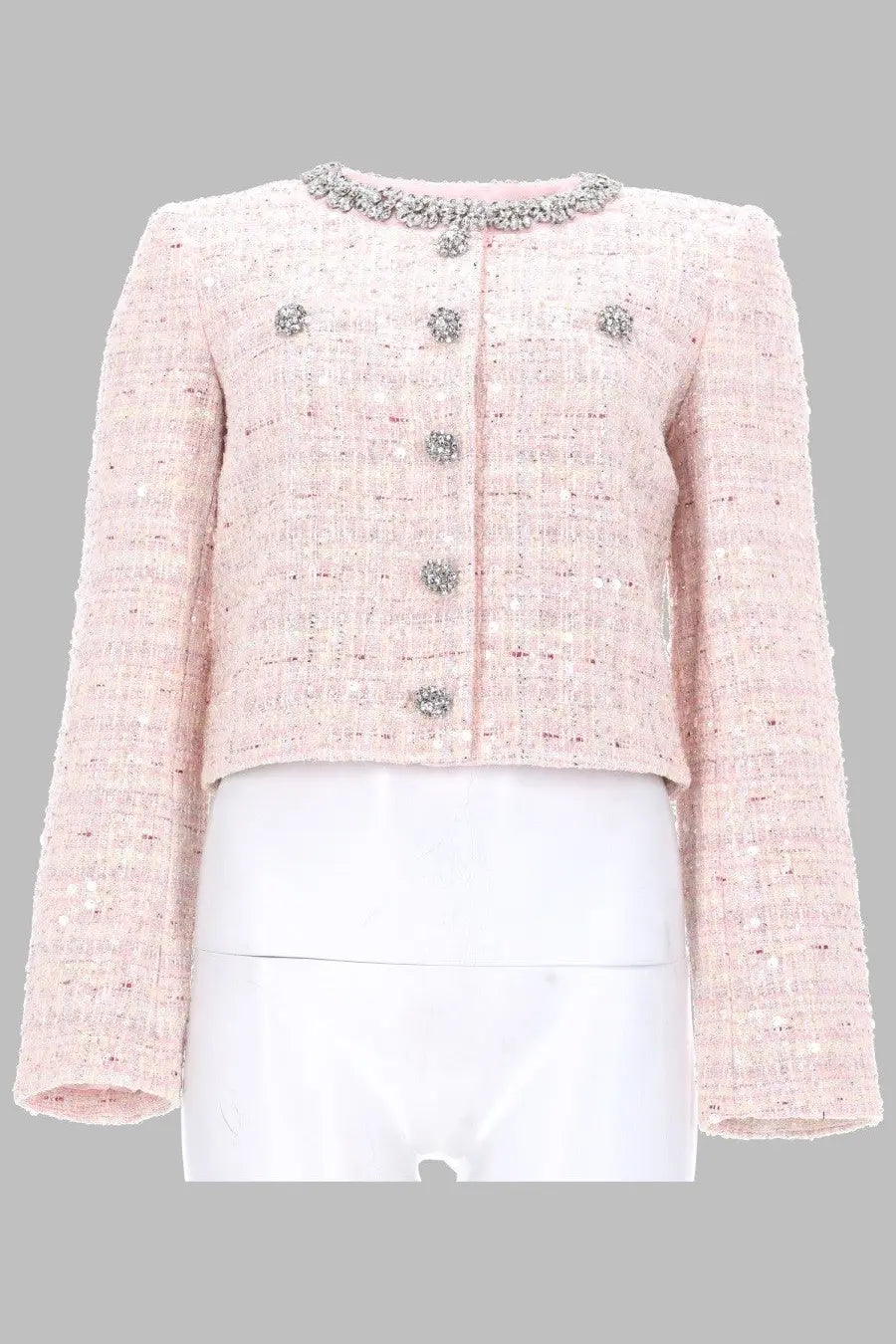 Self-portrait women’s cropped pink tweed jacket with sparkling silver buttons and beaded collar in boucle fabric