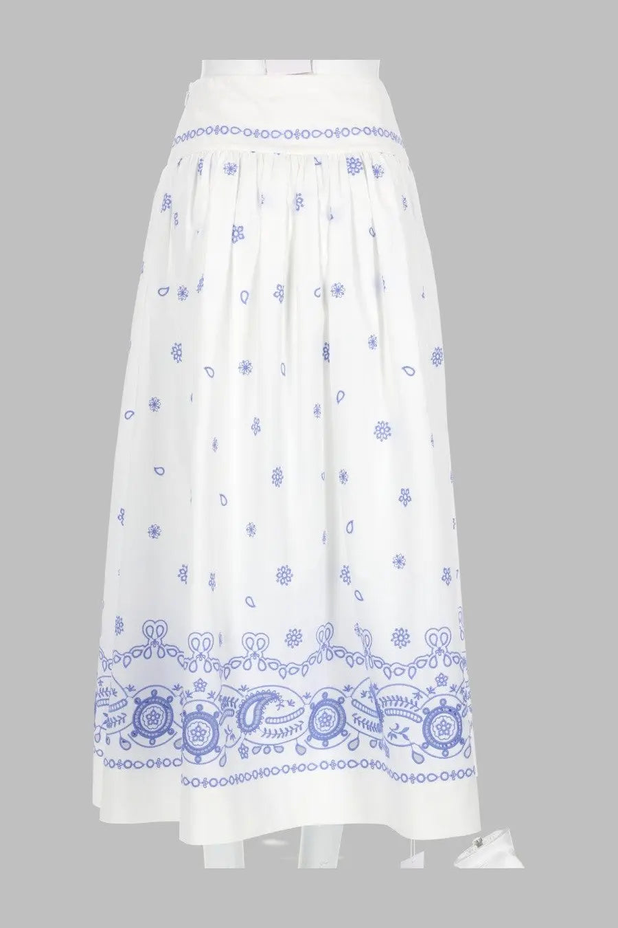 Self-portrait women’s white midi skirt with delicate blue floral and paisley embroidery on hem and waistband