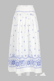 Self-portrait women’s white midi skirt with delicate blue floral and paisley embroidery on hem and waistband