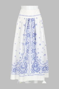 Self-portrait women’s gonna midi ricamata white skirt with intricate blue embroidered paisley and floral patterns