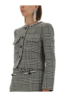 Self-portrait women’s houndstooth jacket in black and white tweed with structured fit decorative buttons and classic collar