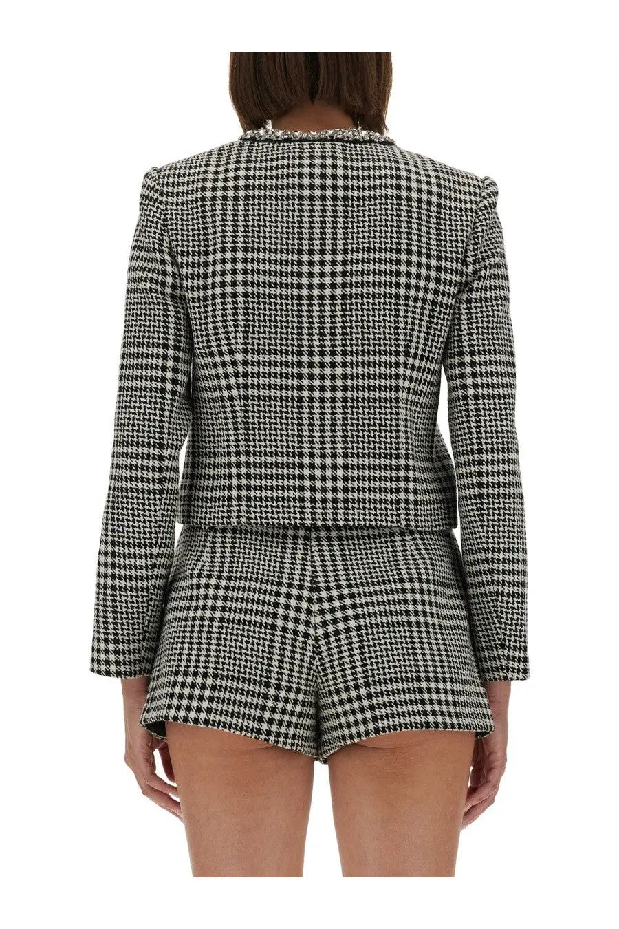 Self-portrait women’s multicolor black and white houndstooth tweed blazer with beaded collar front view