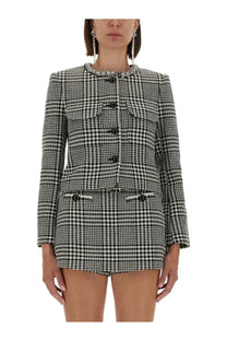 Self-portrait women’s black and white houndstooth tweed blazer with decorative beaded collar multicolor jacket