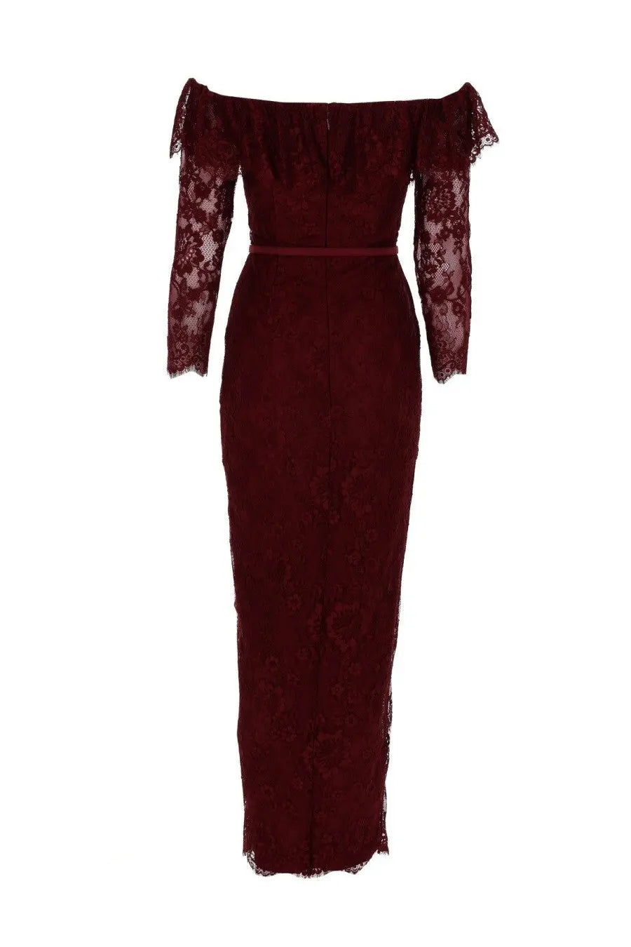 Self-portrait women’s deep burgundy lace dress with off-the-shoulder long sleeves and fitted silhouette