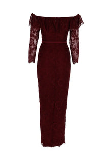 Self-portrait women’s deep burgundy lace dress with off-the-shoulder long sleeves and fitted silhouette