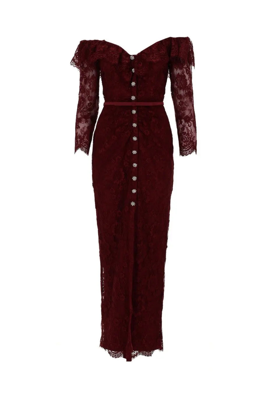A deep burgundy lace off-the-shoulder midi dress with long sleeves and button-front detail by self-portrait