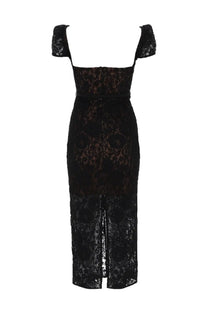 Self portrait women’s black lace midi dress with short cap sleeves and a front slit for elegant occasions
