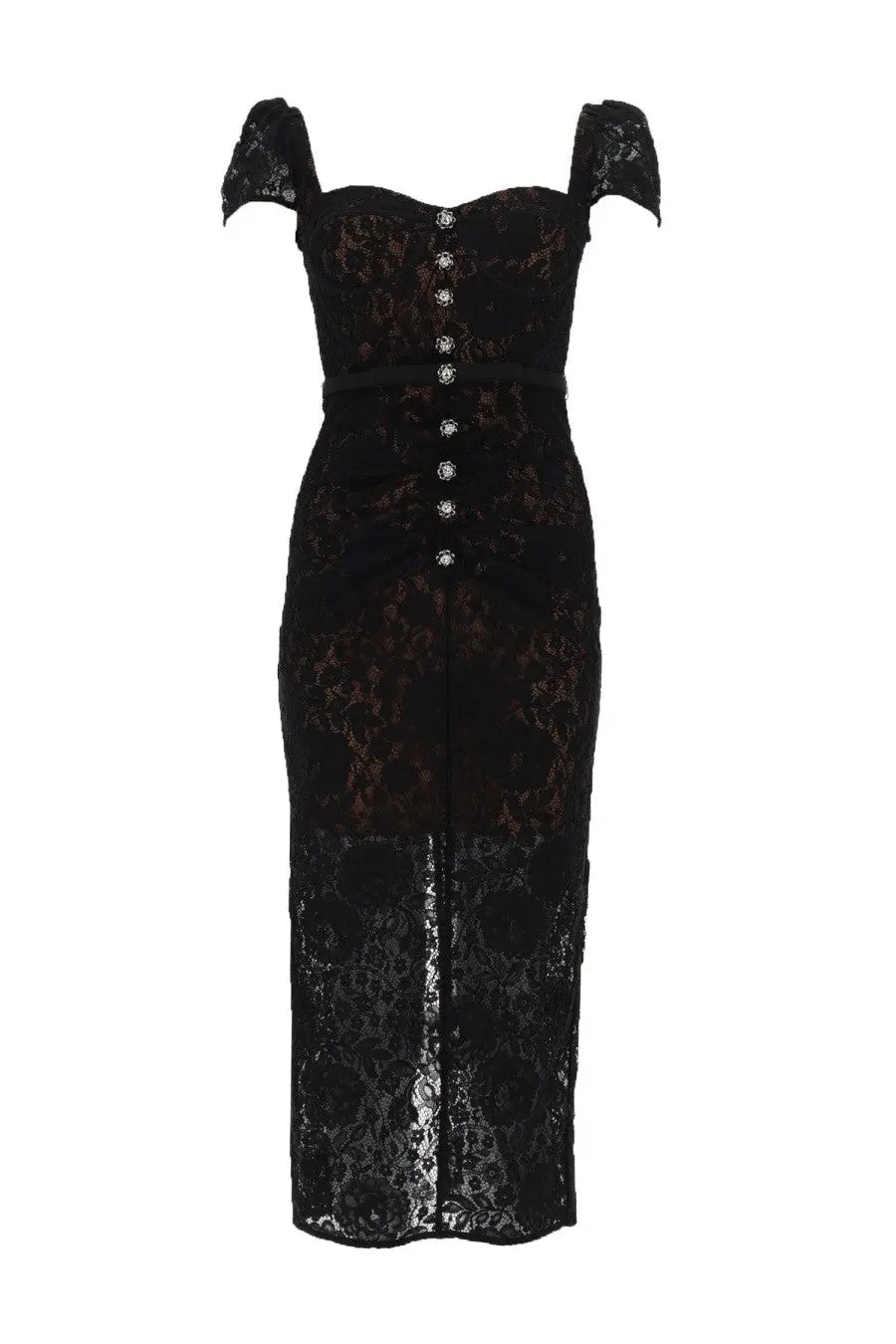 Self-portrait women’s black lace midi dress with off-the-shoulder sleeves and button-front design