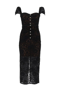 Self-portrait women’s black lace midi dress with off-the-shoulder sleeves and button-front design