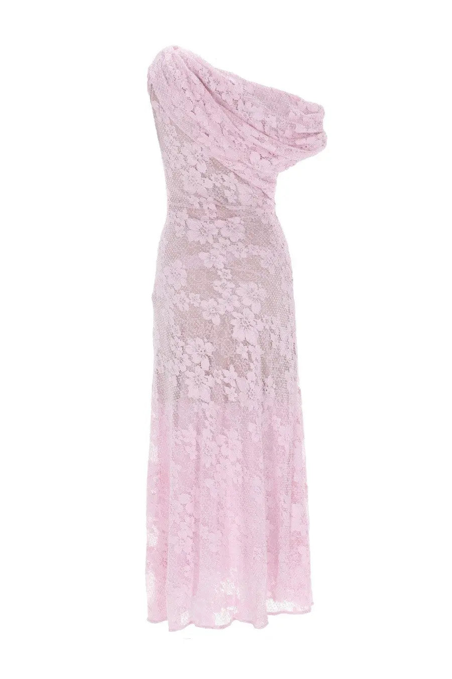 A delicate pink lace midi dress with one shoulder design and floral pattern by self-portrait women