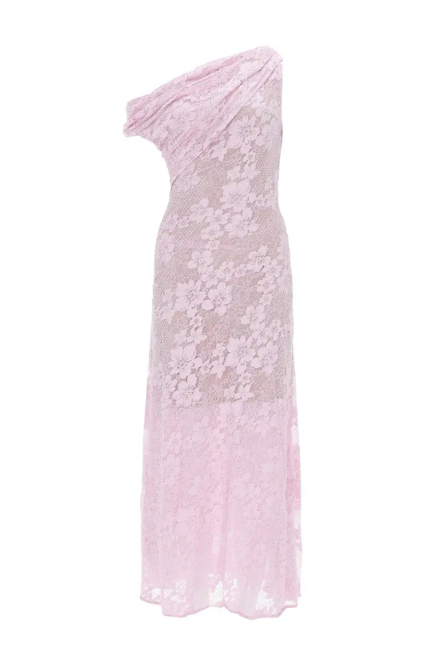 A delicate pink lace midi dress by Self-Portrait featuring a one-shoulder design and floral pattern