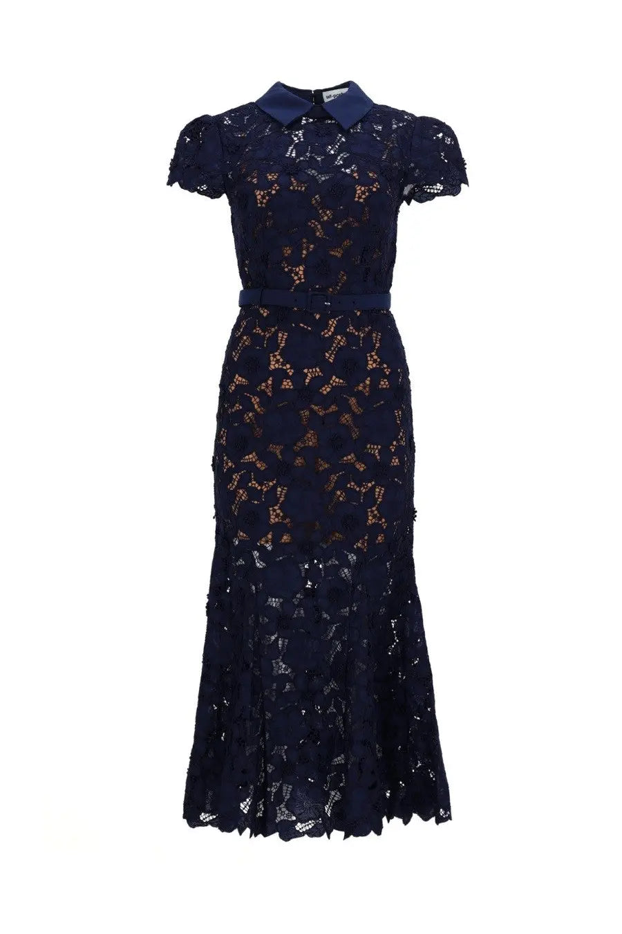Self-portrait women’s navy blue lace midi dress with collar short sleeves and intricate floral pattern