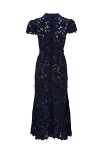 Self-portrait women’s navy blue lace midi dress with collar short puffed sleeves and matching belt