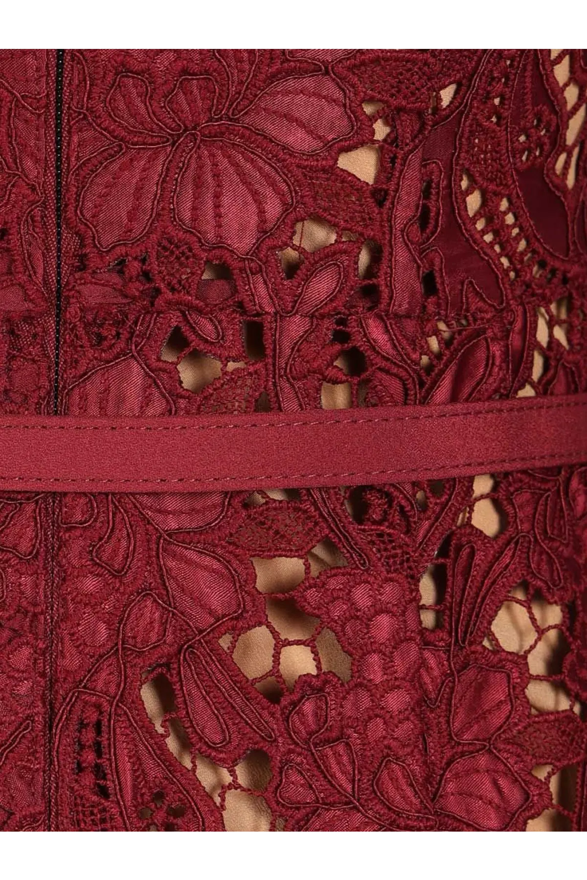 Self-portrait women’s lace midi dress in deep red with intricate floral embroidery and matching satin belt