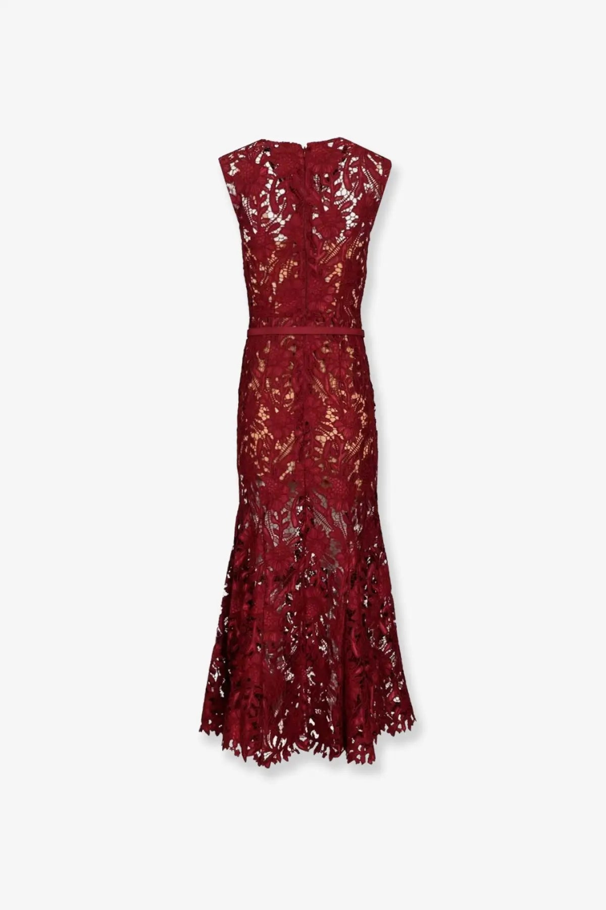 A deep red lace mermaid midi dress with intricate floral patterns and fitted waistband by self-portrait women