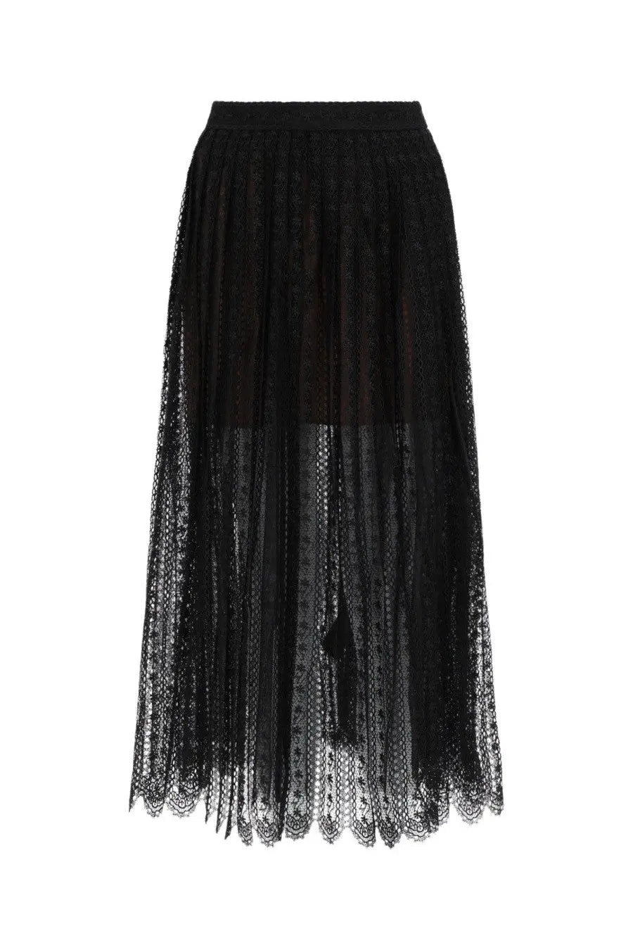 Black lace midi skirt by self-portrait with high-waisted elastic band and intricate floral sheer fabric patterns