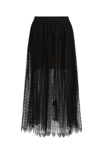 Black lace midi skirt by self-portrait with high-waisted elastic band and intricate floral sheer fabric patterns