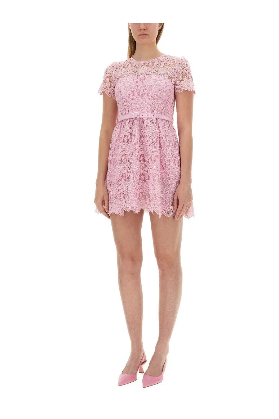 Self-portrait women’s blue lace mini dress with delicate pink lace flutter sleeves and fitted waistband