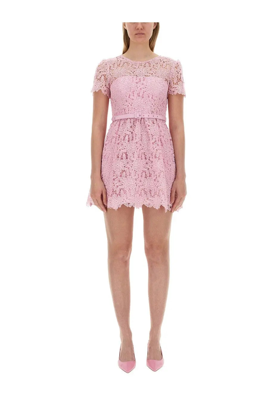Self portrait women’s blue lace mini dress with short sleeves and fitted waistband in delicate pink lace