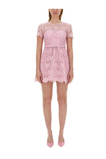Self portrait women’s blue lace mini dress with short sleeves and fitted waistband in delicate pink lace