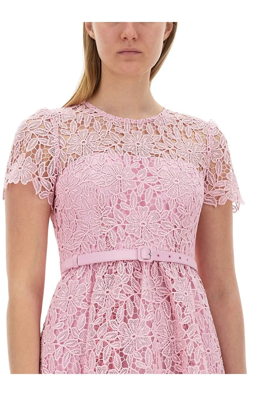 A delicate pink lace mini dress with short sleeves and matching belt by self portrait womens lace mini dress blue