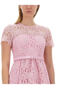 A delicate pink lace mini dress with short sleeves and matching belt by self portrait womens lace mini dress blue