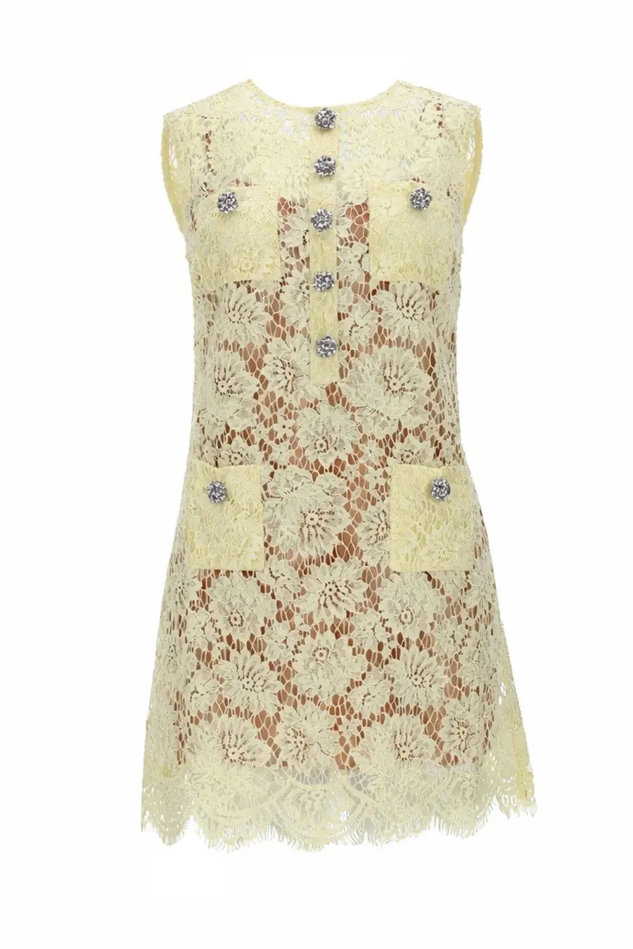 Self-portrait women’s lace mini dress yellow with pale yellow floral patterns decorative buttons and pockets