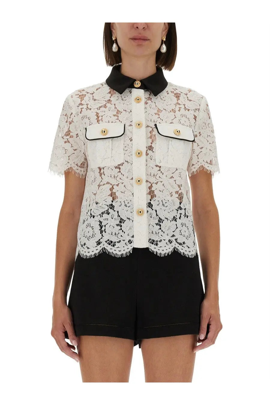 Self-portrait women’s white lace short-sleeved blouse with black collar and pocket trim featuring gold-tone buttons