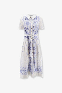 Self-portrait women’s white long cotton shirt dress with white bandana print short sleeves and matching belt