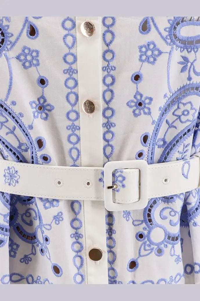 White leather belt with square buckle and floral embroidery paired with self-portrait womens long cotton dress white