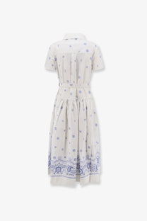 Self-portrait women’s long white cotton dress with short sleeves collar and delicate blue floral patterns