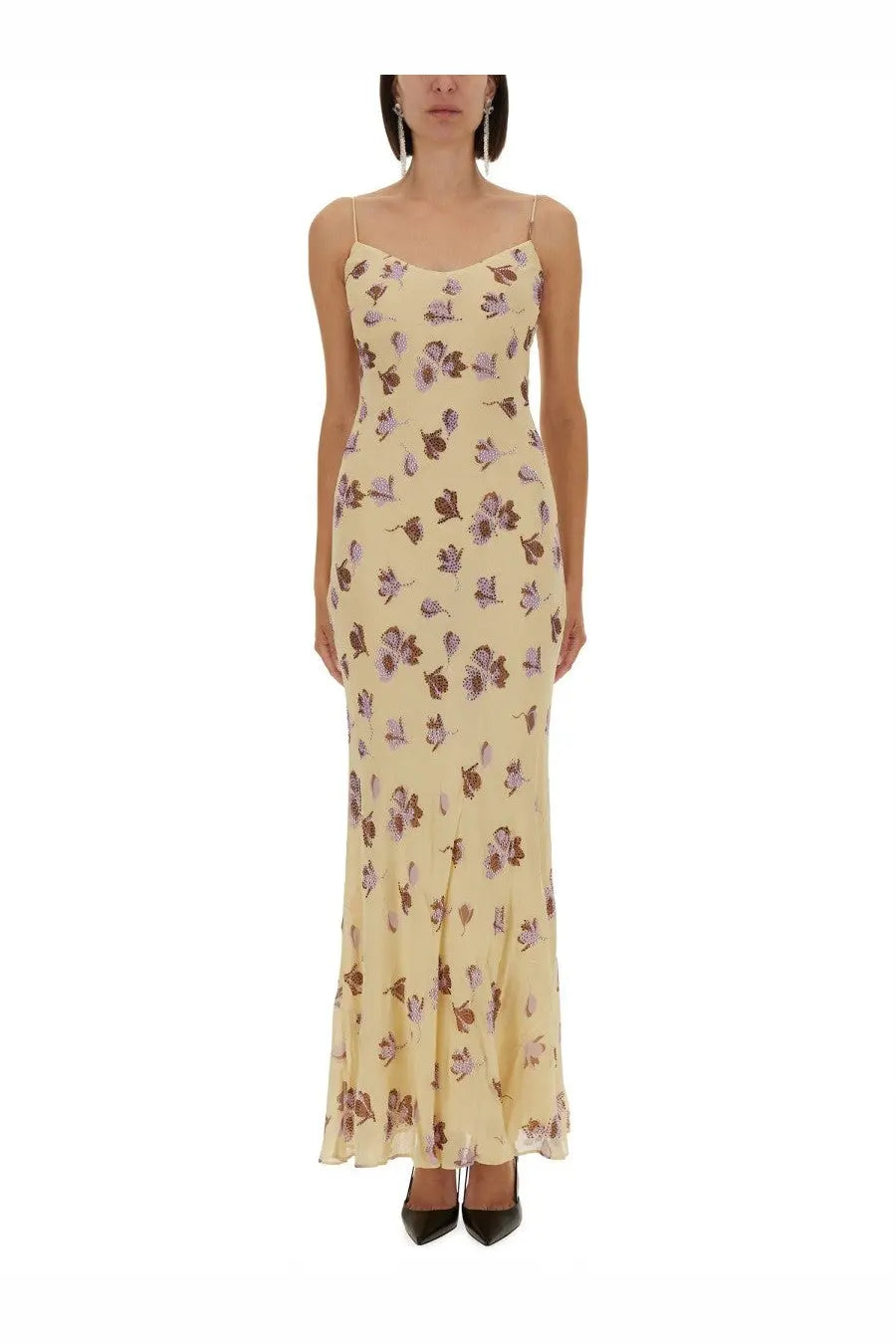 Self portrait women’s long dress flowing pale yellow maxi with delicate muted purple and brown floral pattern