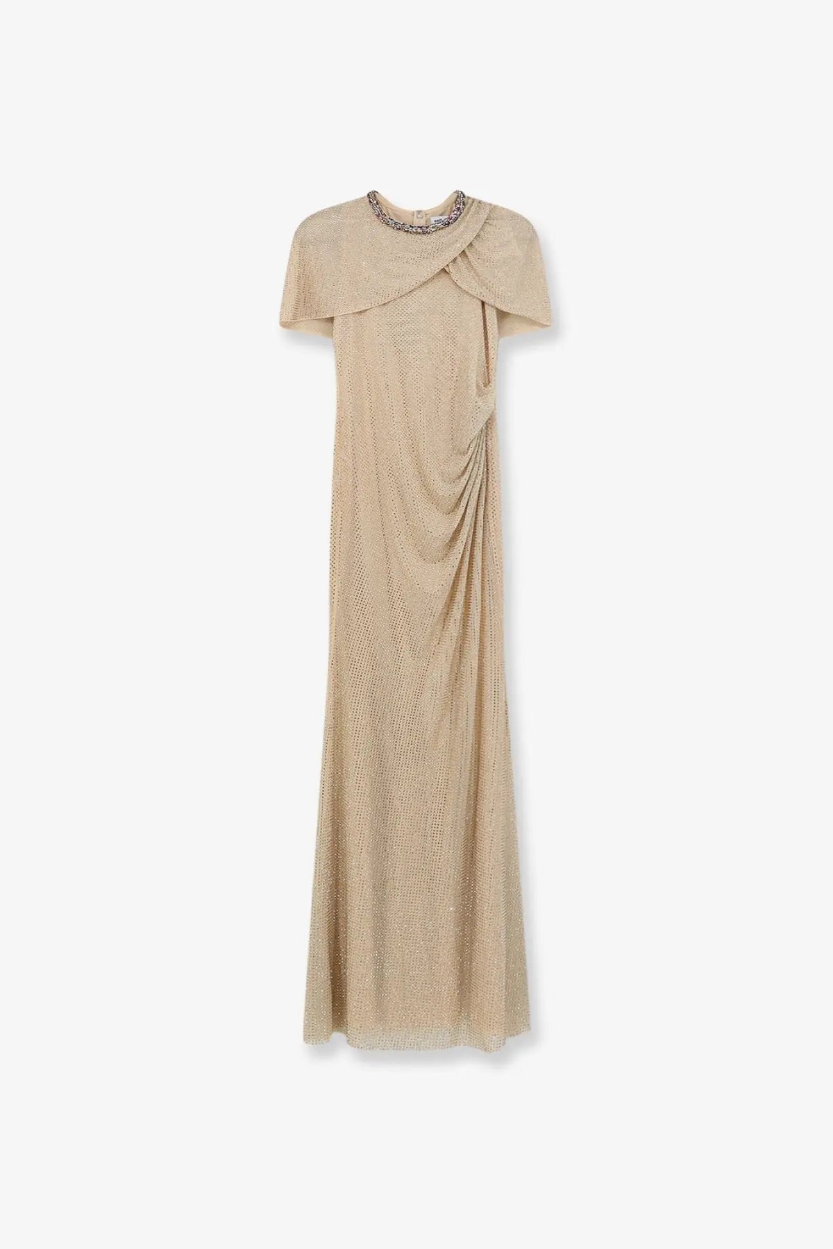 Self-portrait women’s maxi dress in white featuring beige metallic mesh gown with draped cap sleeves and beaded neckline
