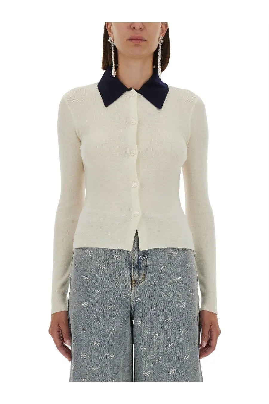 Cream-colored ribbed knit merino wool cardigan with navy blue collar and white buttons by Self-Portrait Women’s