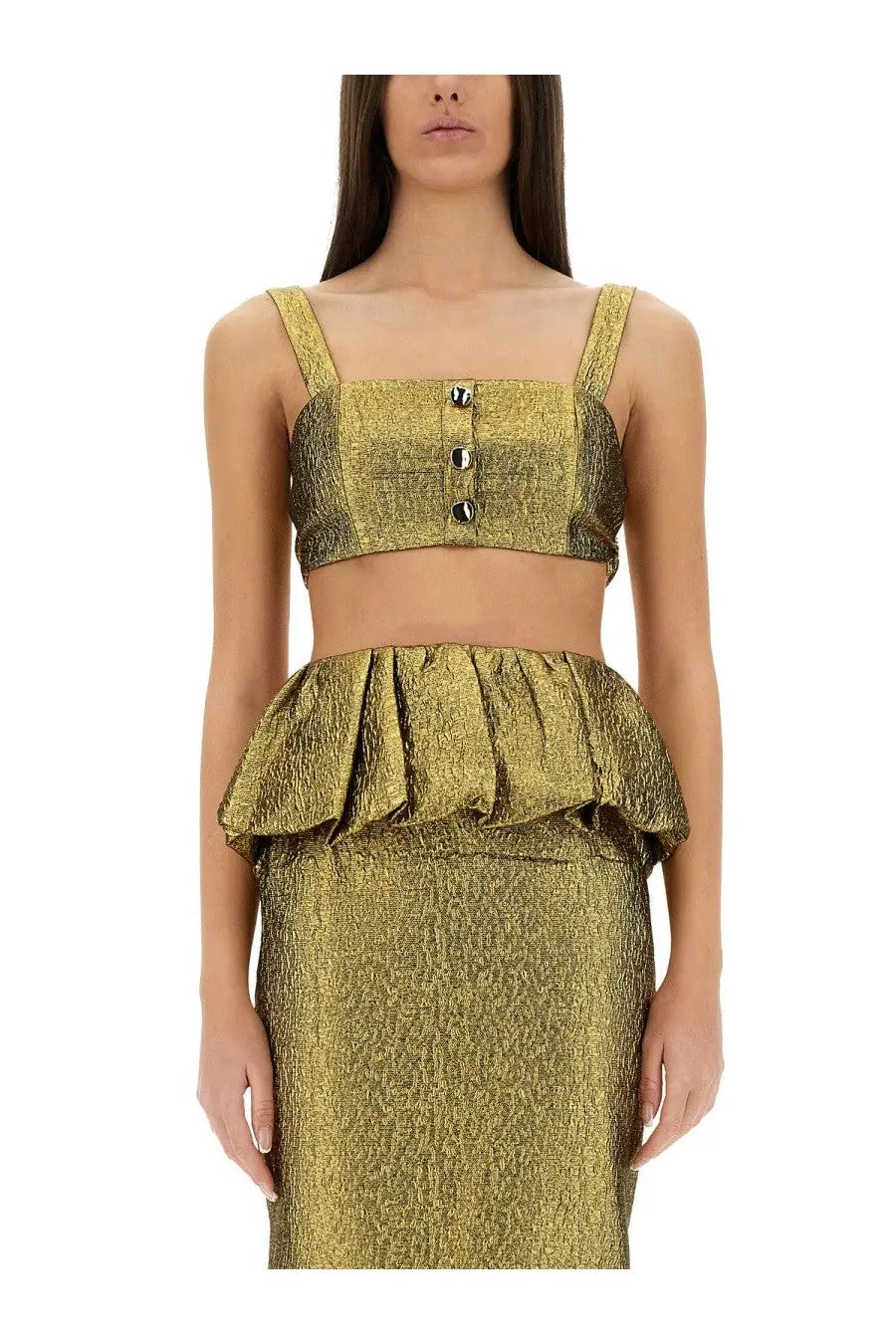 Self-portrait women’s gold metallic jacquard two-piece set with cropped top and high-waisted skirt with ruffled peplum