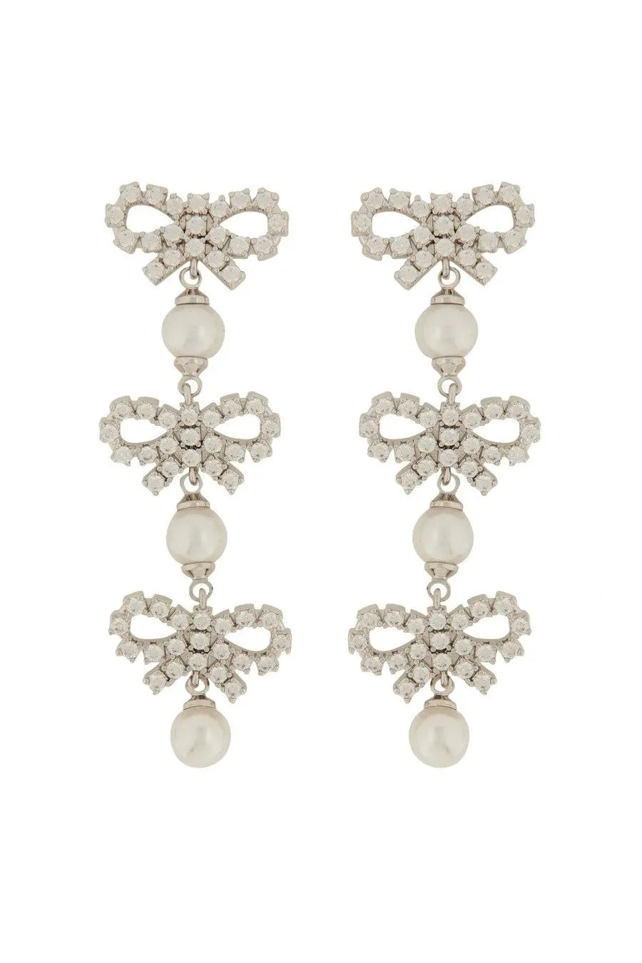 Delicate silver self-portrait women’s micro bow earrings with sparkling crystals and dangling white pearls