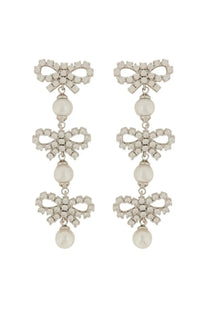 Delicate silver self-portrait women’s micro bow earrings with sparkling crystals and dangling white pearls