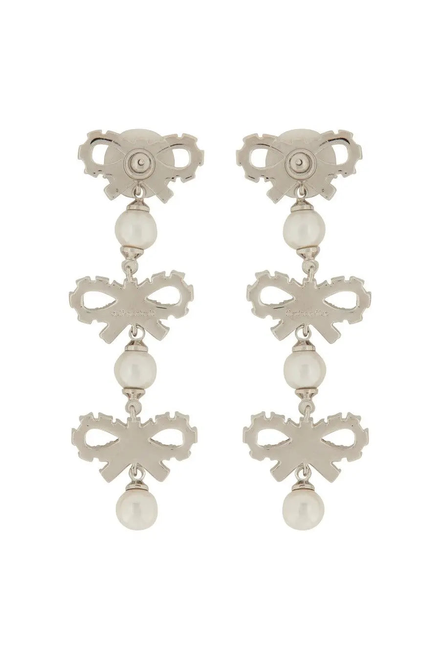Silver micro bow earrings by self portrait with pearl accents in a drop design for women