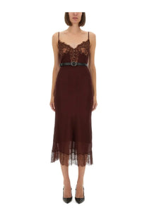Self-portrait women’s midi dress red in burgundy lace-trimmed fabric with fitted bodice flowing skirt and black waist belt