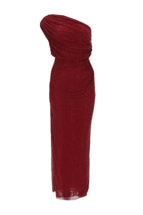 Self-portrait women’s midi dress in shimmering burgundy with one-shoulder draped bodice and subtle side slit