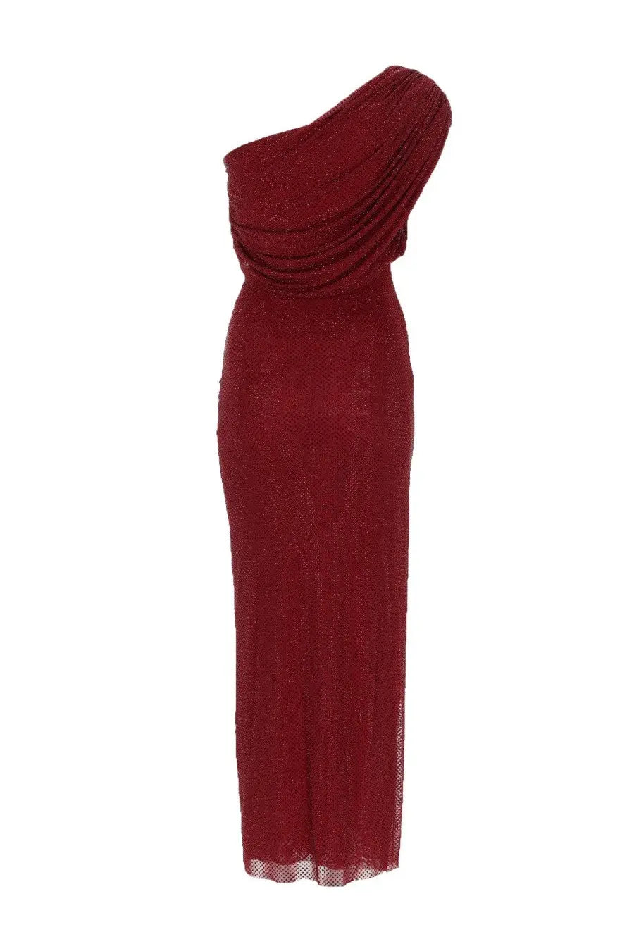 Self-portrait women’s midi dress in shimmering burgundy with one-shoulder draped bodice and subtle glittery texture