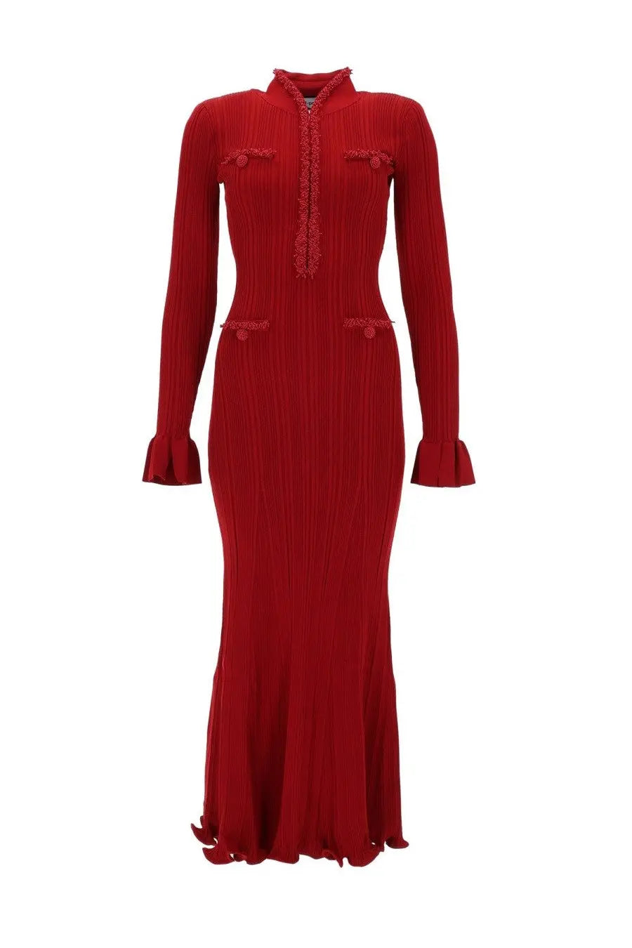A vibrant red self-portrait women’s midi dress in ribbed knit with long sleeves high collar and flared cuffs