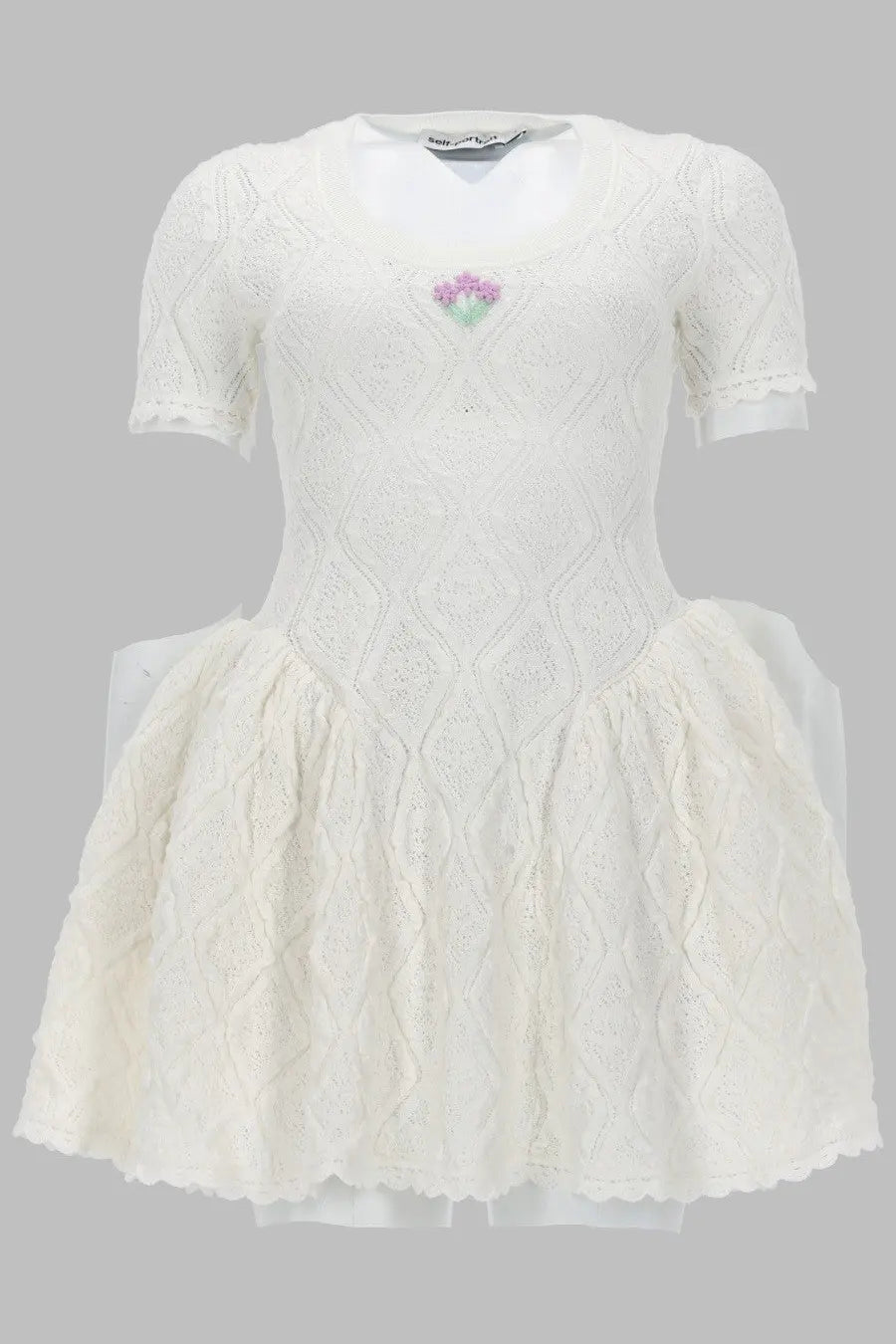 Self-portrait women’s mini abito svasato white delicate lace dress with short sleeves and embroidered floral neckline
