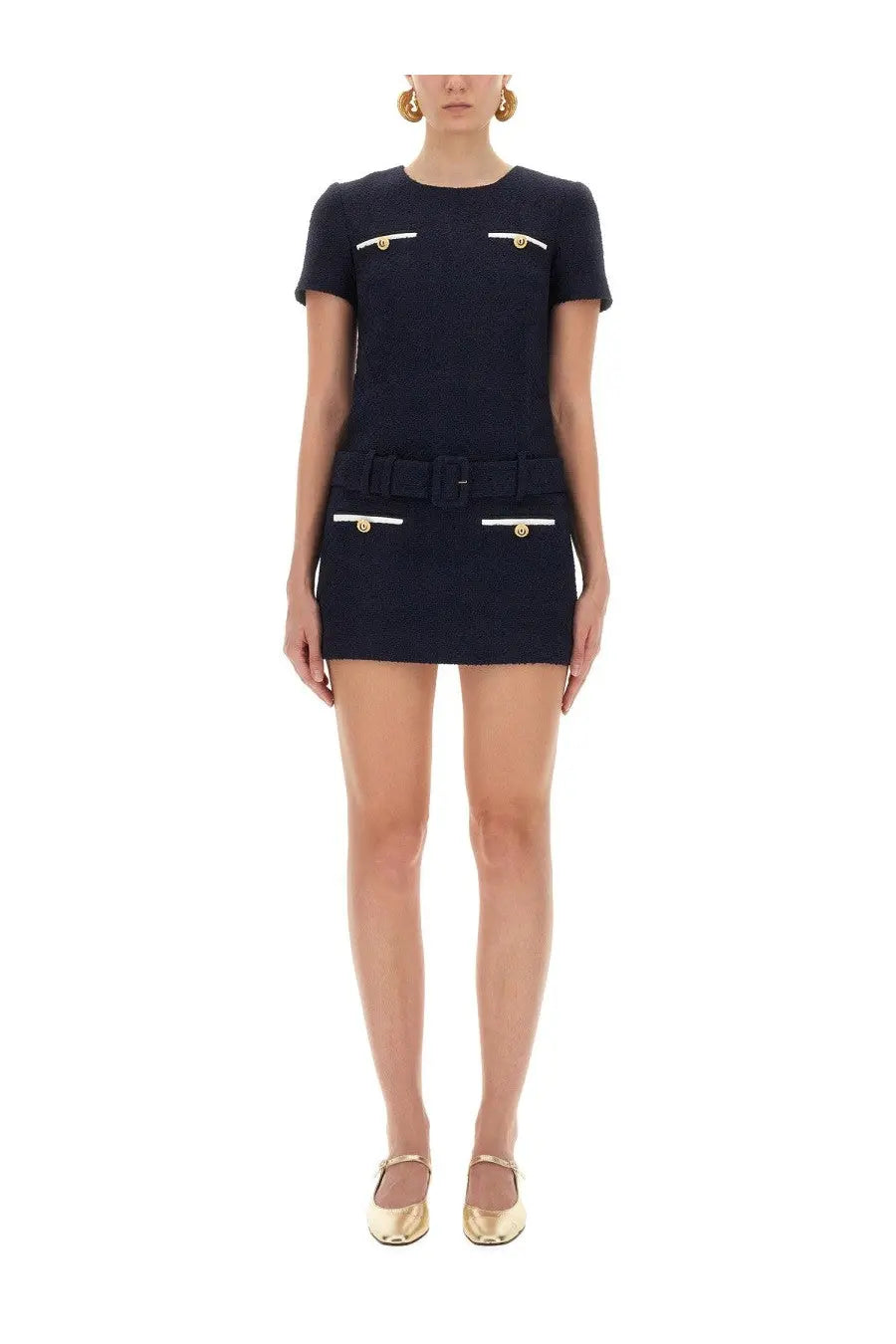 Navy blue tweed mini dress by self portrait with gold-tone buttons and matching belt in boucle fabric