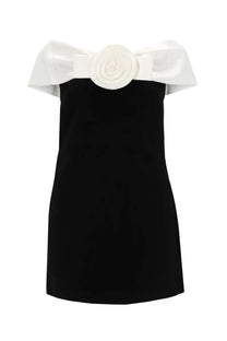 Self-portrait women’s black off-the-shoulder mini dress with white satin bow and rose embellishment at neckline