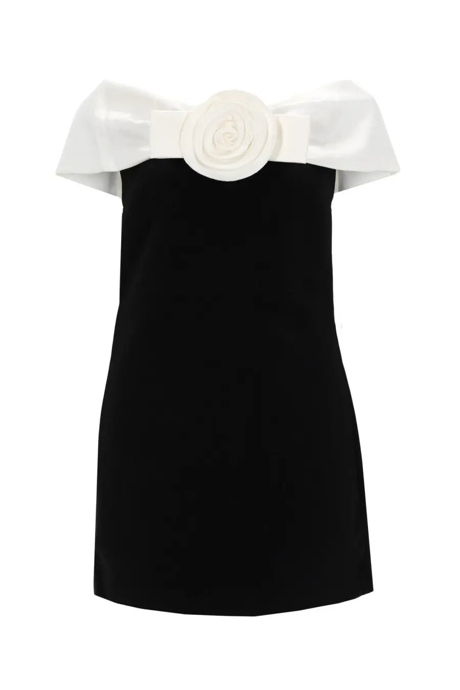 Self portrait women’s black off-the-shoulder mini dress with white satin bow and rose embellishment at neckline